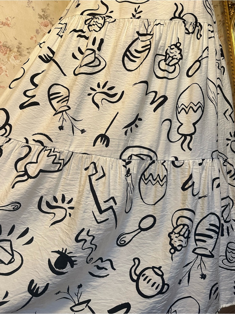 Maxi Dress By The River Doodle Print Tiered M Black White Bow Strap - Picture 9 of 16